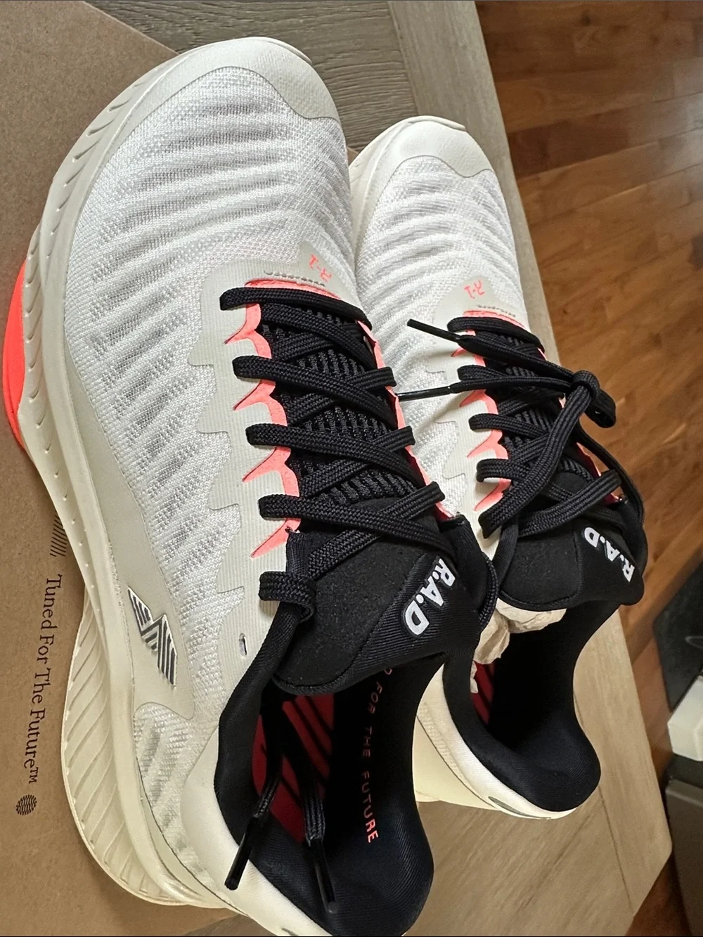 New in box RAD R-1 Neutral Beige Running Shoes with Neon Coral Accents - Picture 2 of 7